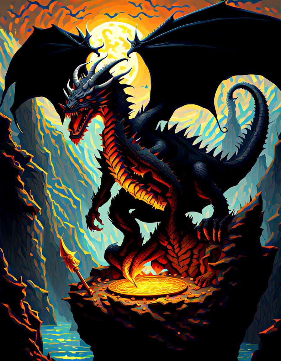 Black Dragon Offers Cookie in Epic Fantasy Oil Painting