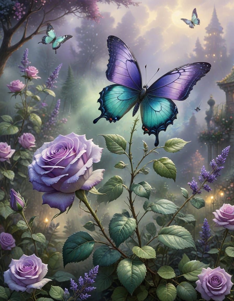 Green Rose and Lavender Butterfly in Ethereal Garden