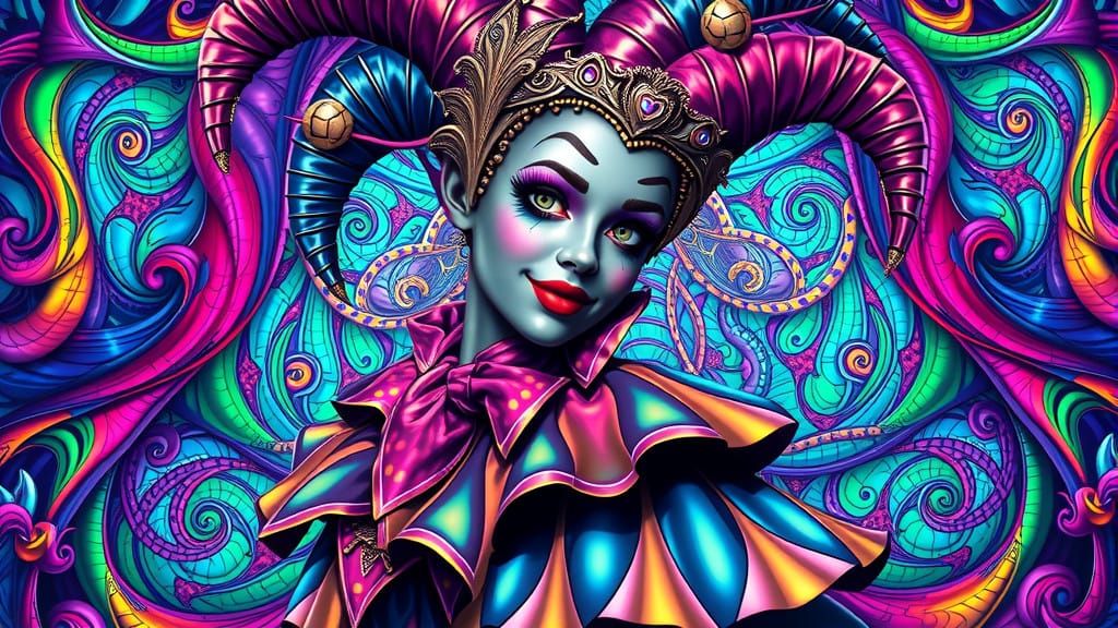 Whimsical Jester Queen in Iridescent Splendor