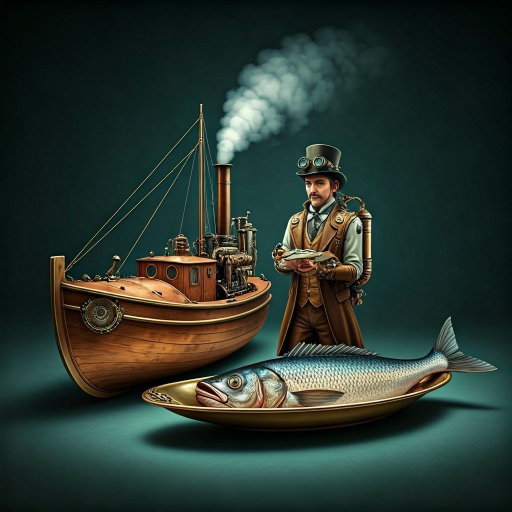 Steampunk Fisherman with Fish on Dish
