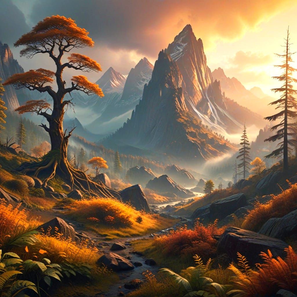 Epic Mountains Meet Mystic Forest in a Breathtaking Cyberpun...