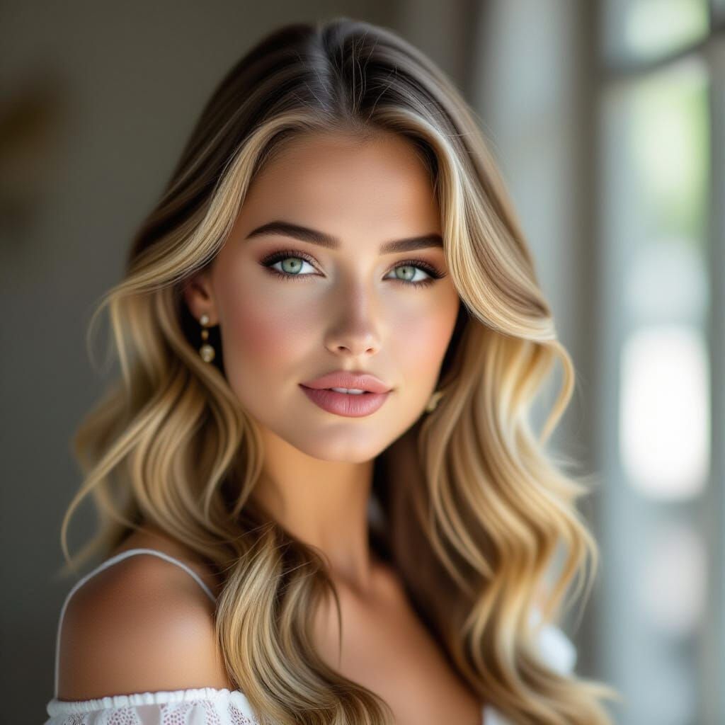 A beautiful young woman with long, wavy blonde hair and gree...