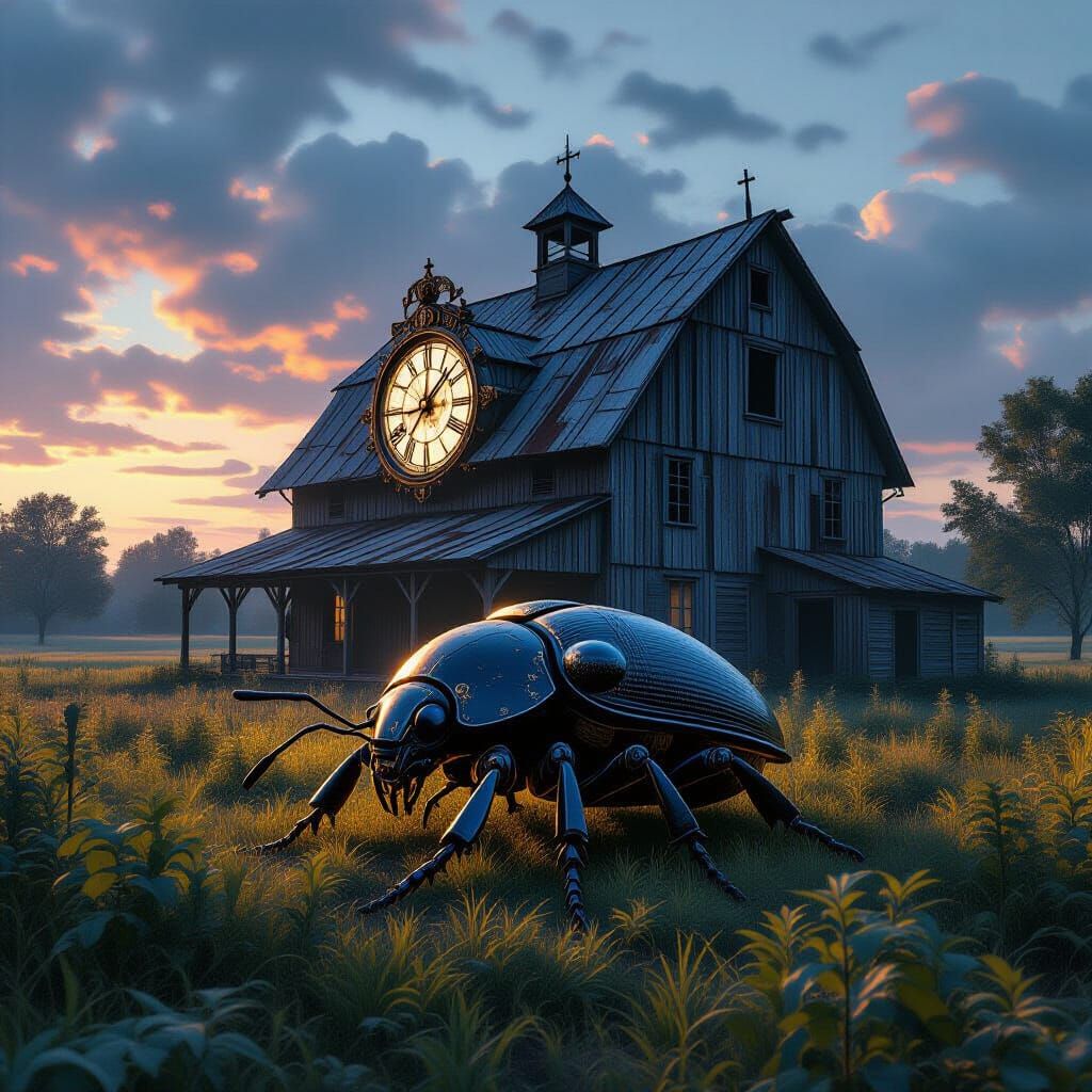 Ancient Farm with Clockwork Beetle at Twilight