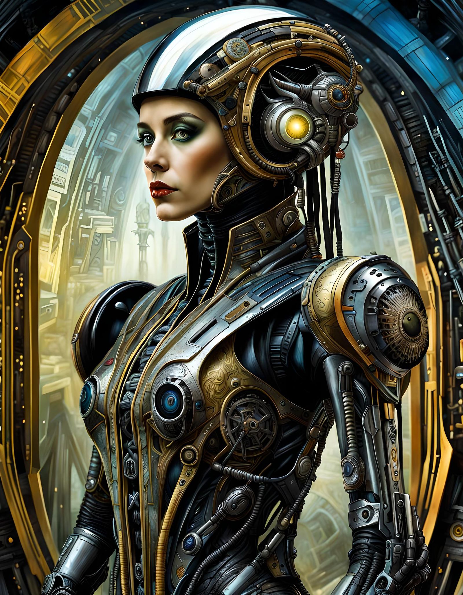Futuristic Android Woman Portrait in Detailed Painting Style