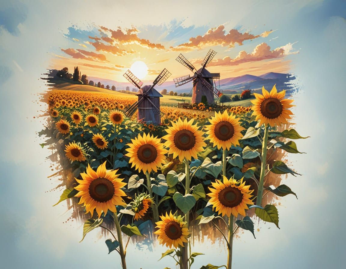 Vibrant Sunflowers Sway Under Summer Sky with Distant Windmi...