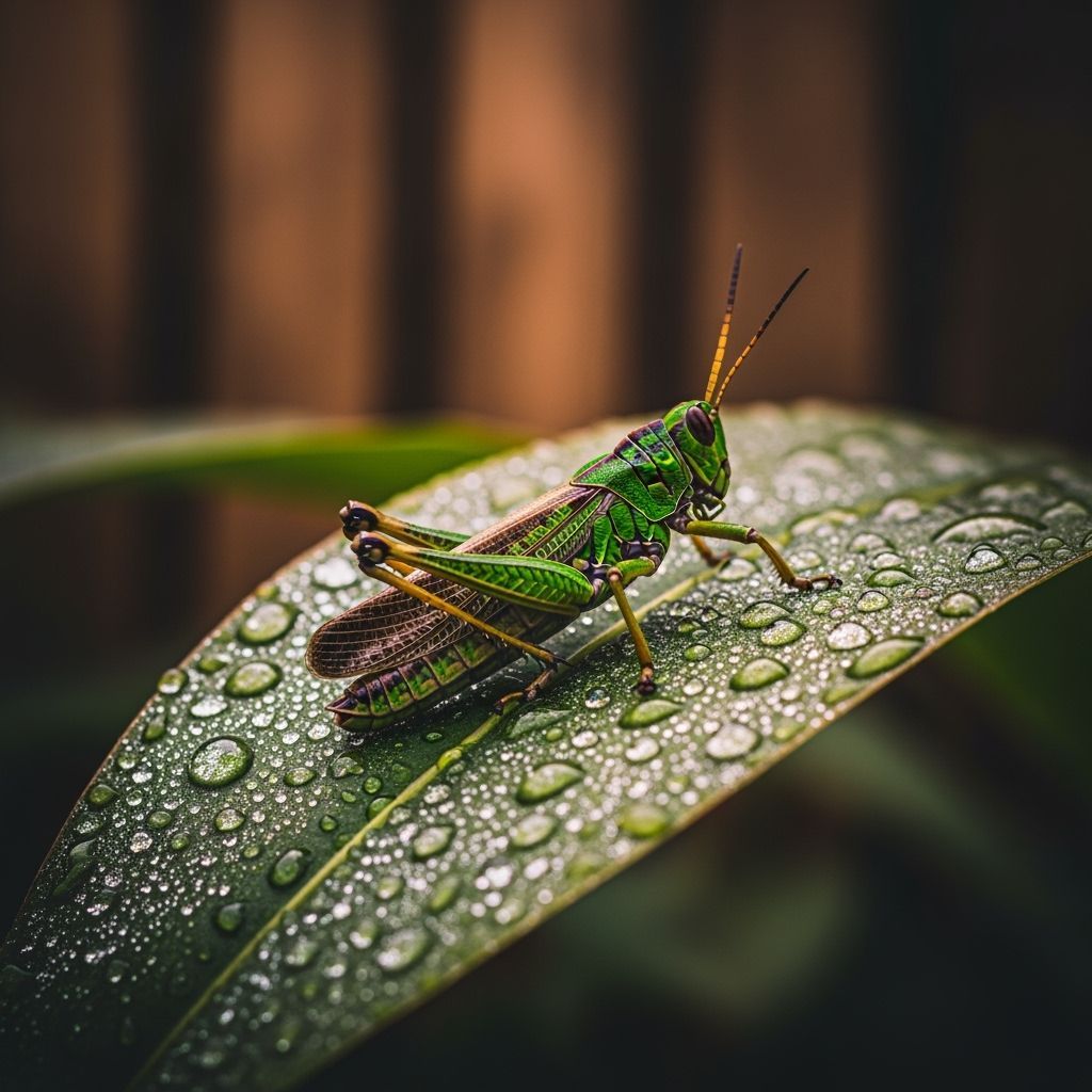 Grasshopper on Dewy Leaf in Earthy Tones