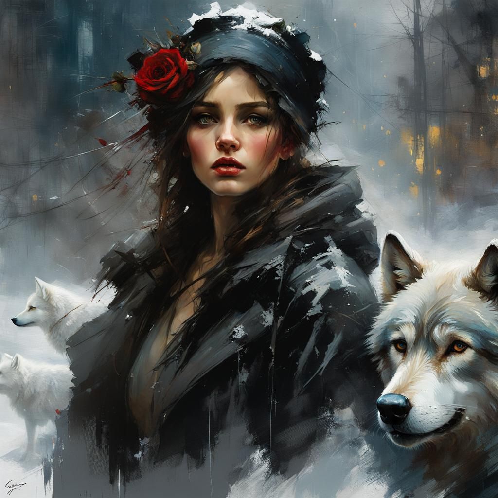 Black Rose, Girl, Wolves in Winter Painting