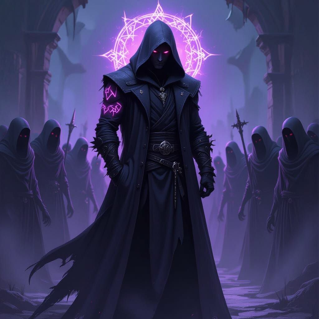 Shadow Mage with Glowing Runes and Undead Horde