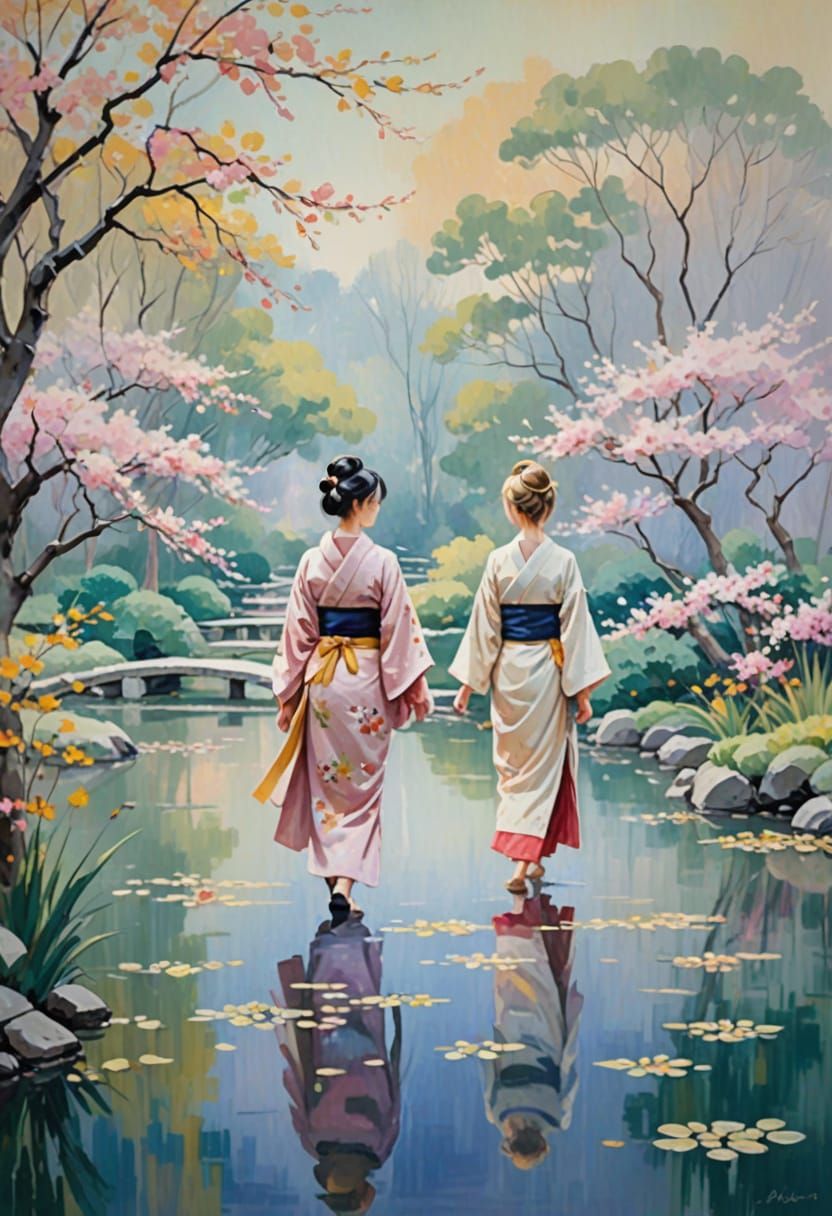 Minimalist Japanese Scene in Impressionist Acrylic