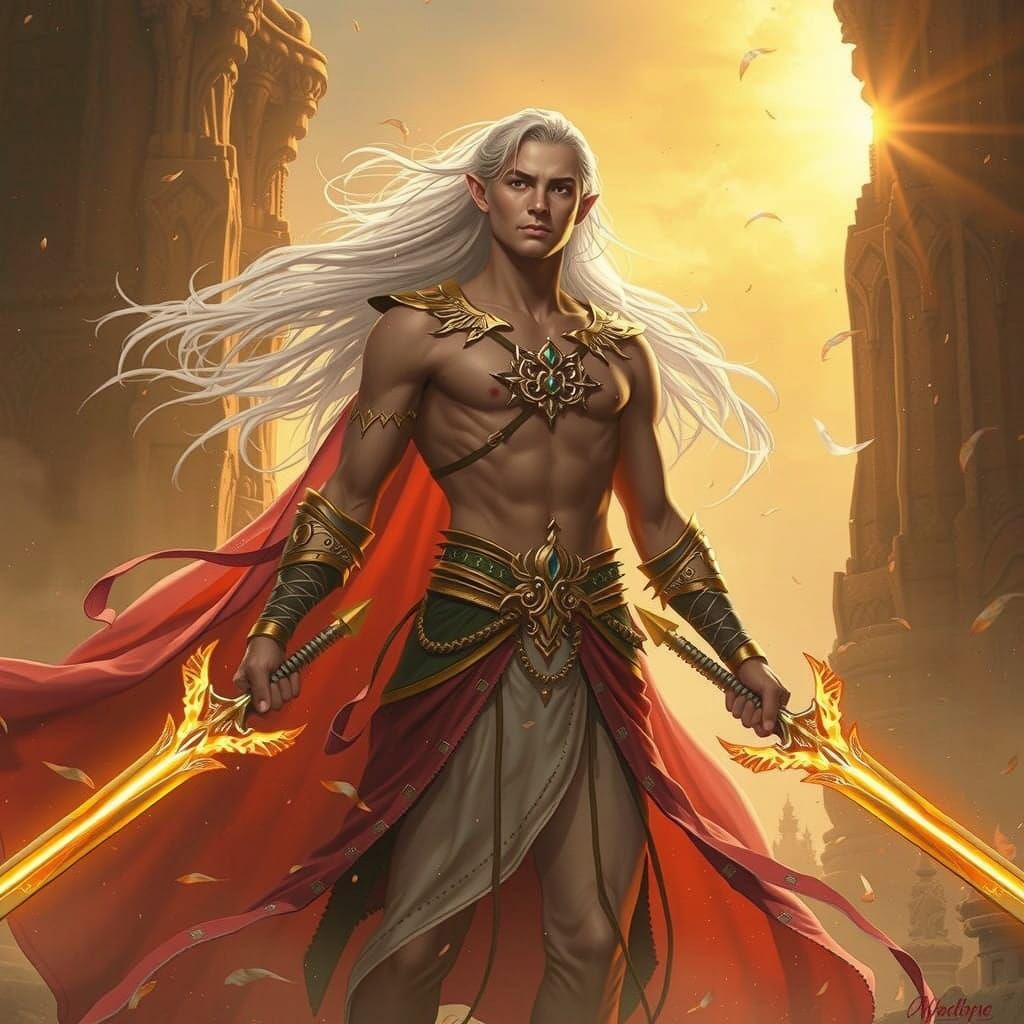 Ethereal Elf Warrior in Phoenix-Inspired Armor Basks in Sunl...