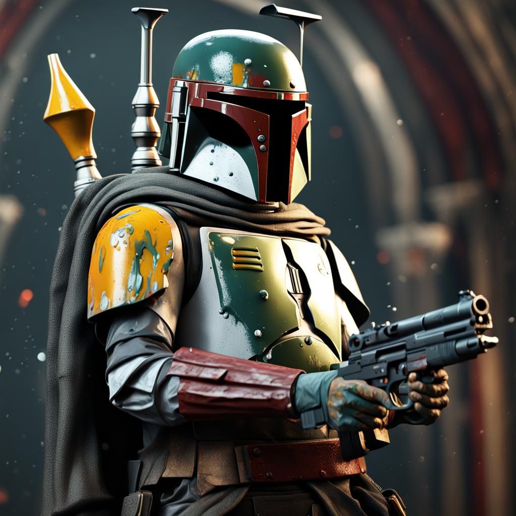 Ornate Boba Fett with Gun in Film Noir Lighting