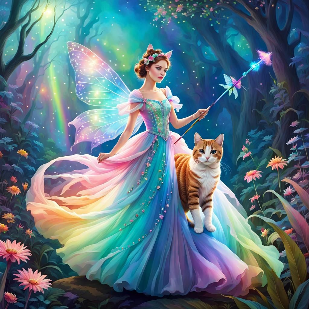 Fairy Rides Cat Through Wonderland