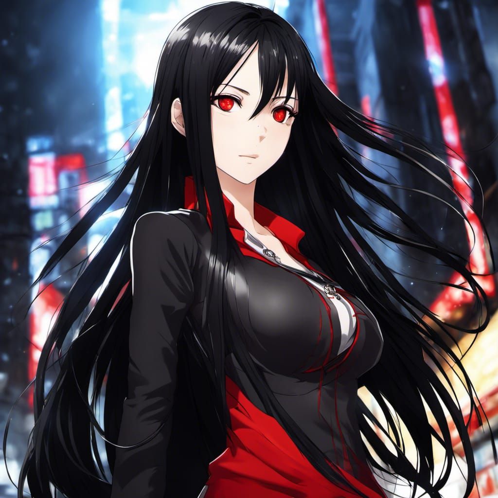 Anime Woman with Long Hair and Red Eyes