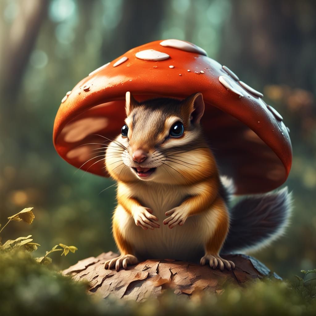 Winged Chipmunk Portrait in Mushroom House