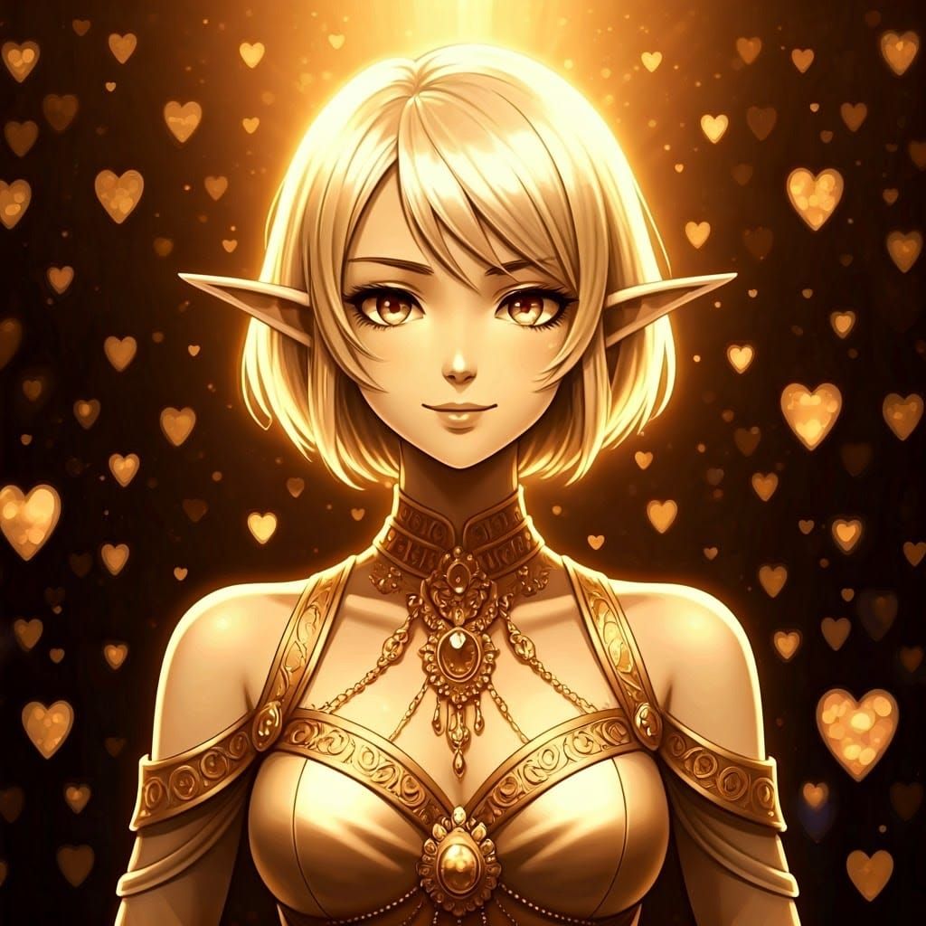 Glamorous Gold Hearted Elf in Opulent Anime Portrait