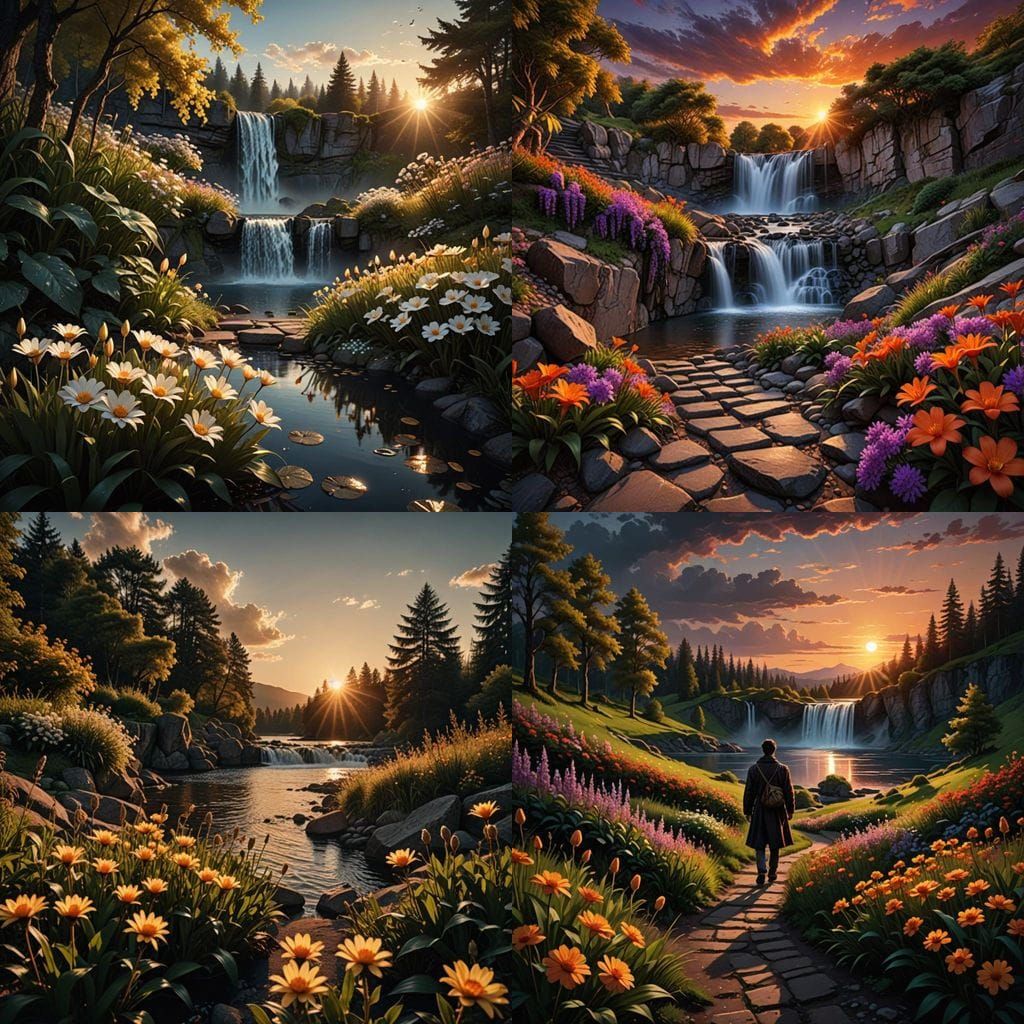 Serene Sunset Lake Path with Waterfall and Flowers