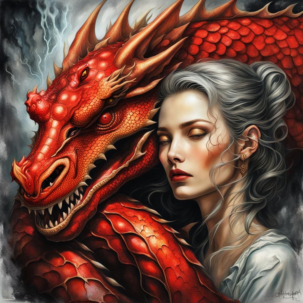 Woman and Dragon Hatchling in Dreamlike Fantasy Art