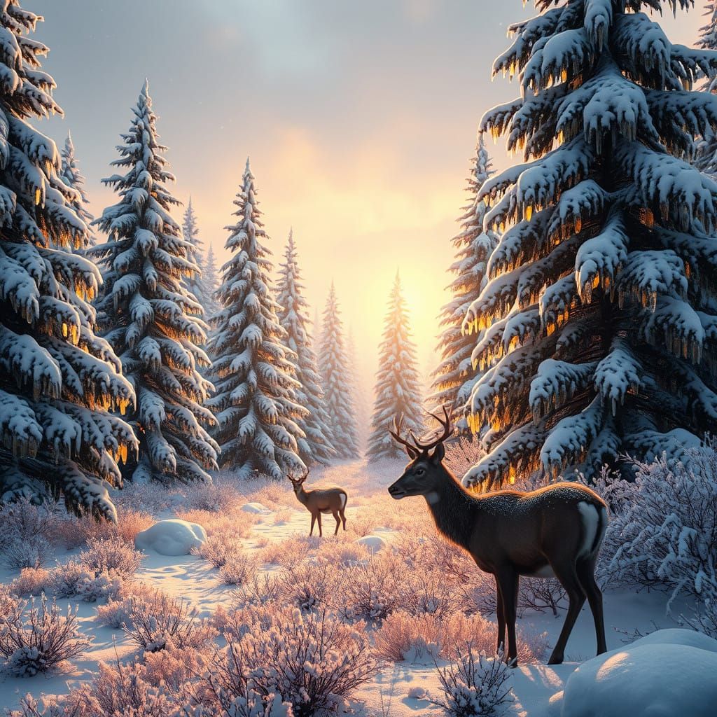 Winter Wonderland with Enchanted Forest and Golden Light