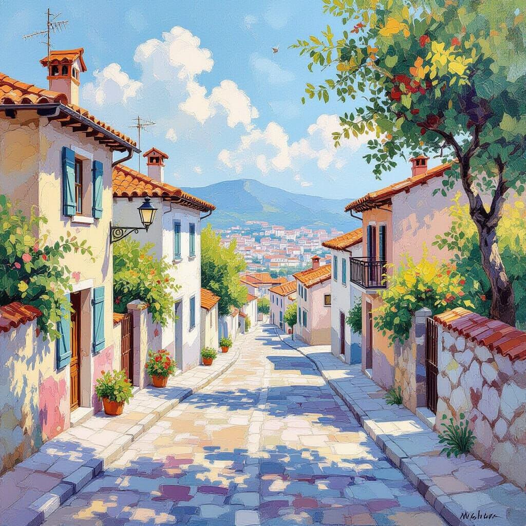 Vintage Summer Street Scene in Gouache Style