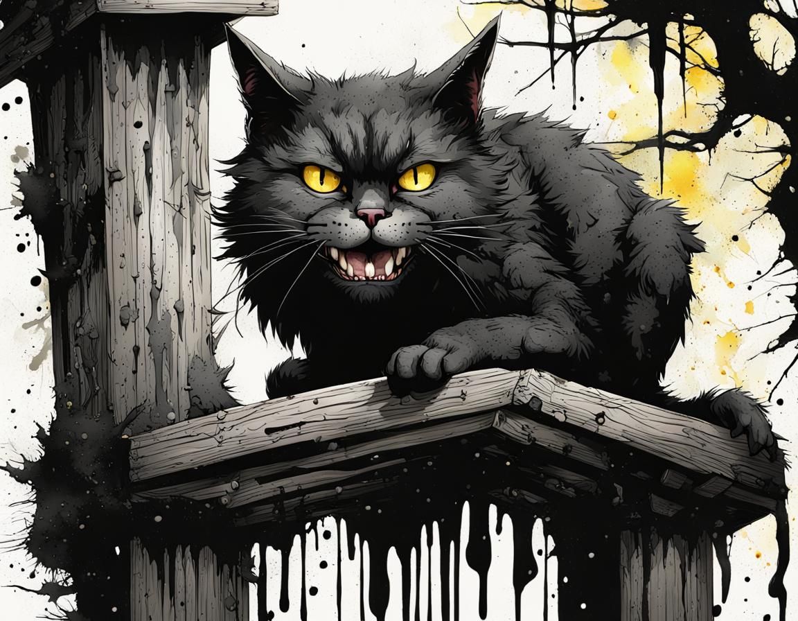 Grotesque Ink Art: Bayun the Cat on a Pillar