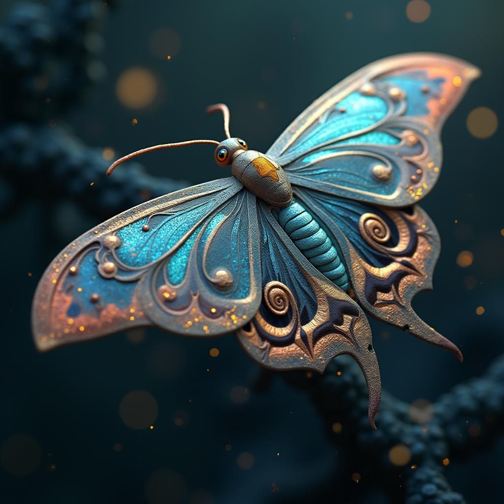 Iridescent Marble Moth in Fantastical Landscape