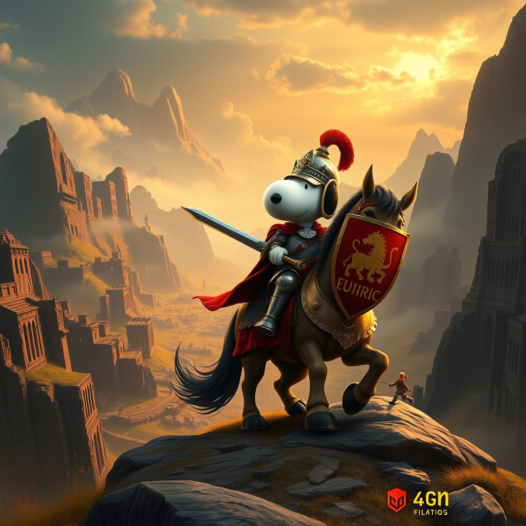 Snoopy as Armored Hunnic Warrior in Fantasy Landscape