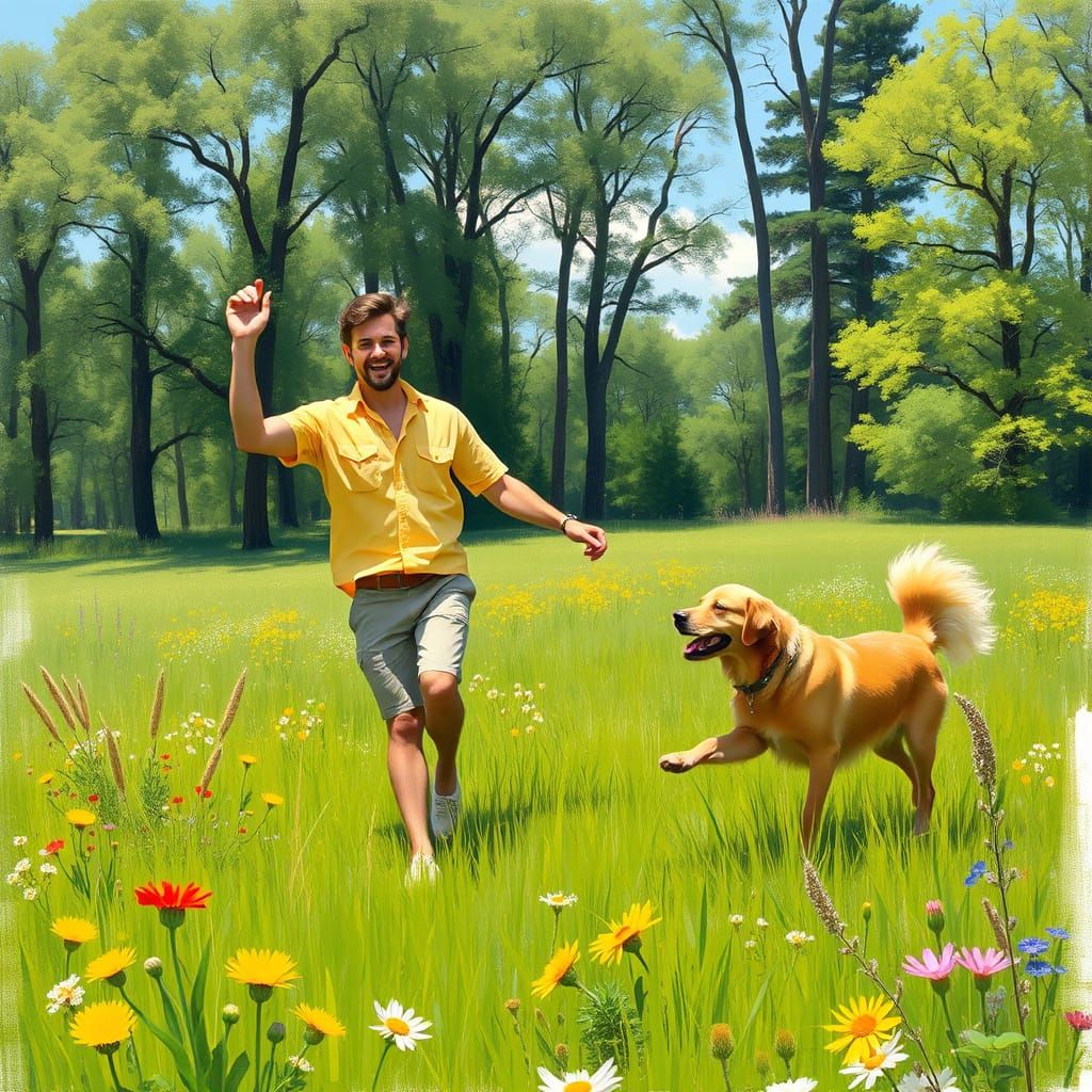 Carefree Summer Afternoon with Man and Golden Retriever