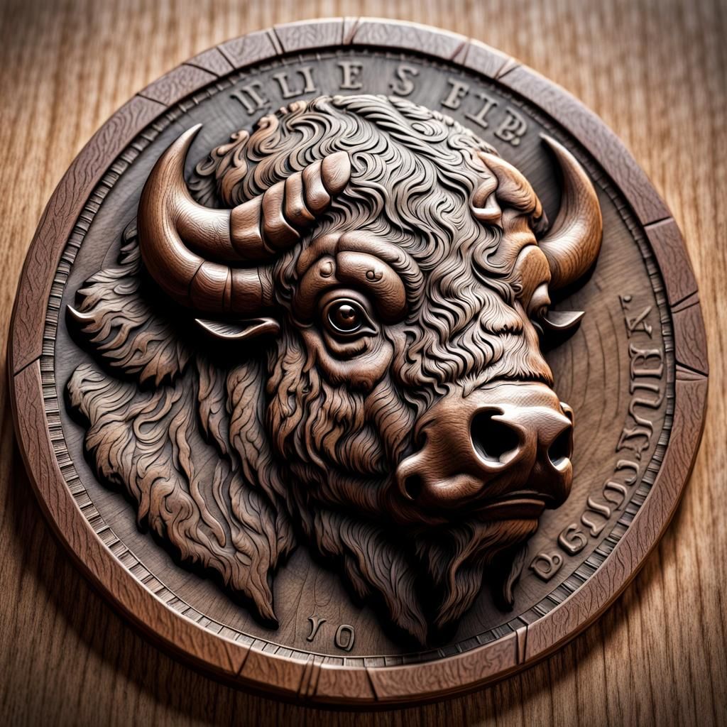 Bison Coin Wood Carving in Mythical Style