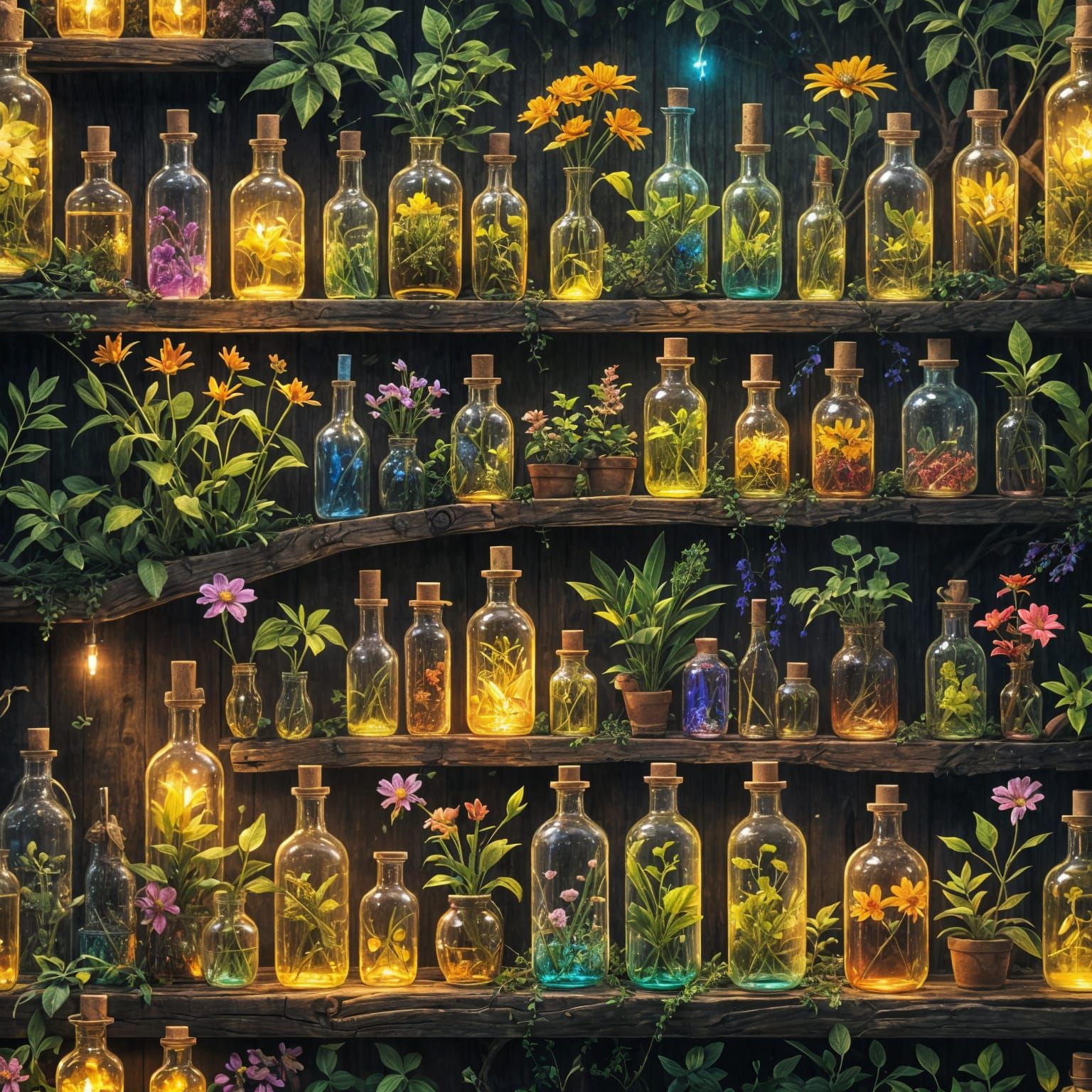 Magical Apothecary Shelf with Glowing Potions
