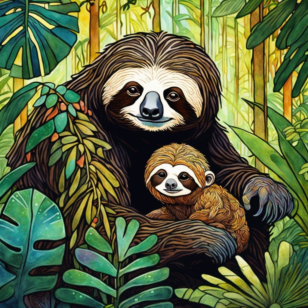Art Nouveau Sloth Family in Detailed Jungle