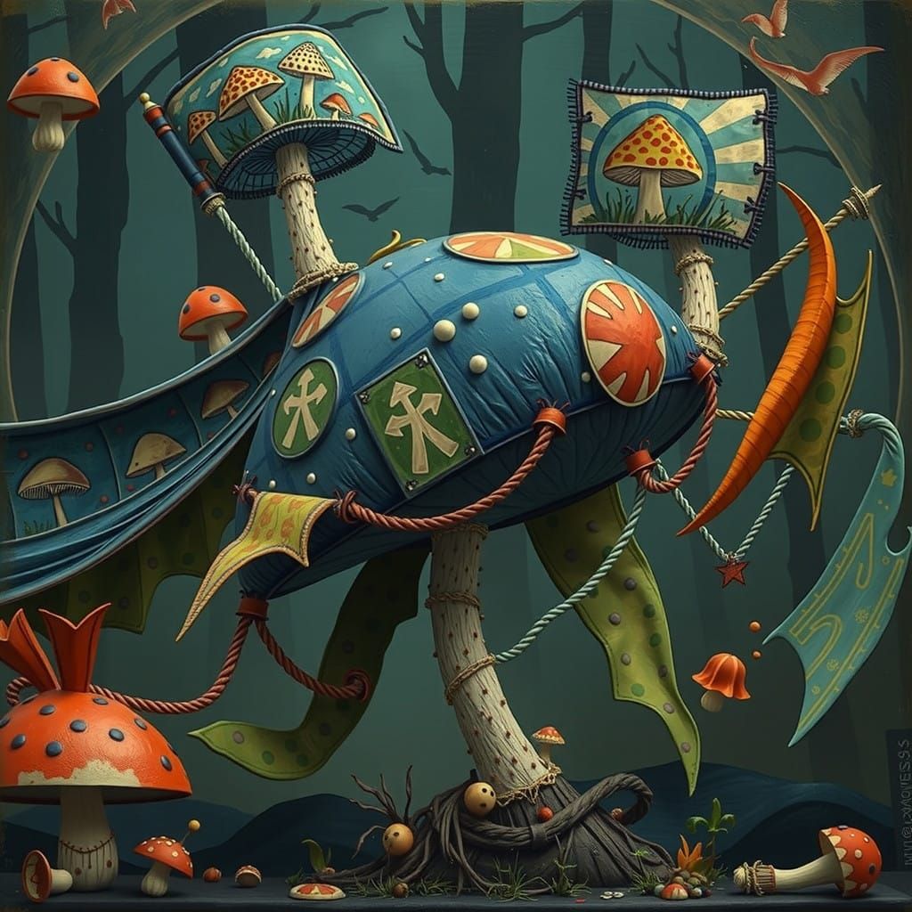 Dreamlike Mushroom Sculpture with Whimsical Linocut Prints