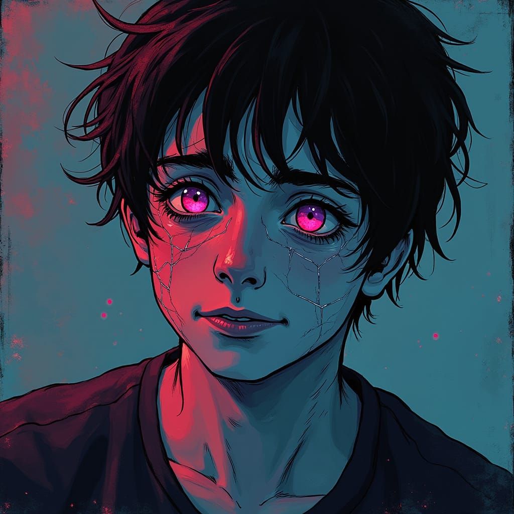 Fragmented Portrait with Sinister Smile in Expressive Ink St...