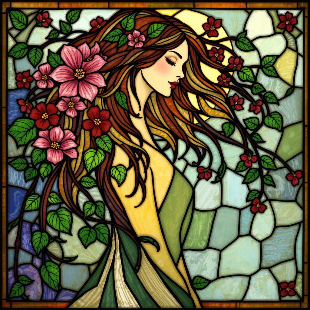Art Nouveau Woman in Stained Glass Style