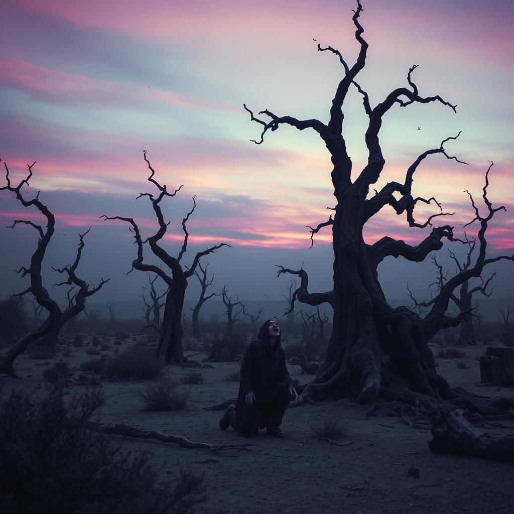 Devastated Figure Screams in Eerie Gothic Landscape