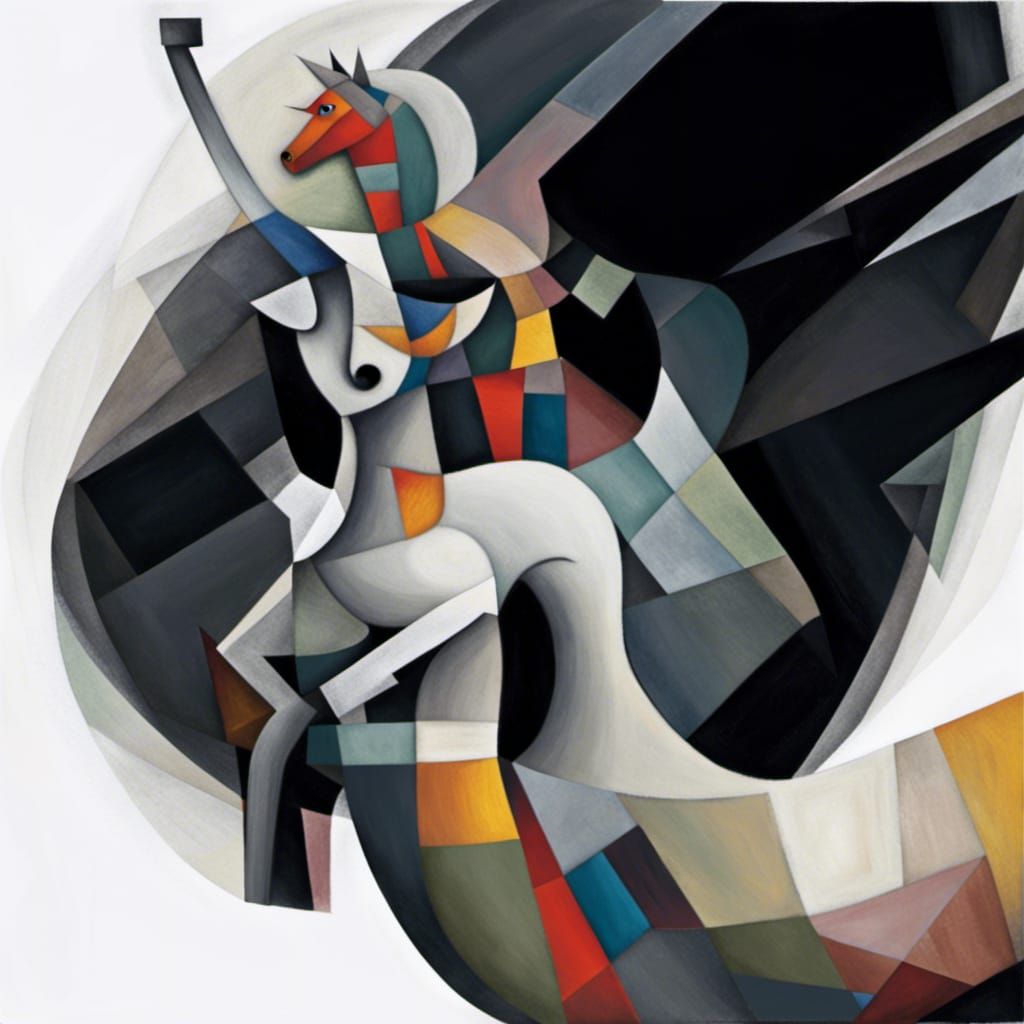 Cubism, Female centaur with  arms out stretched, lower half white horse, upper torso beautiful.woman  collaboration Paul...