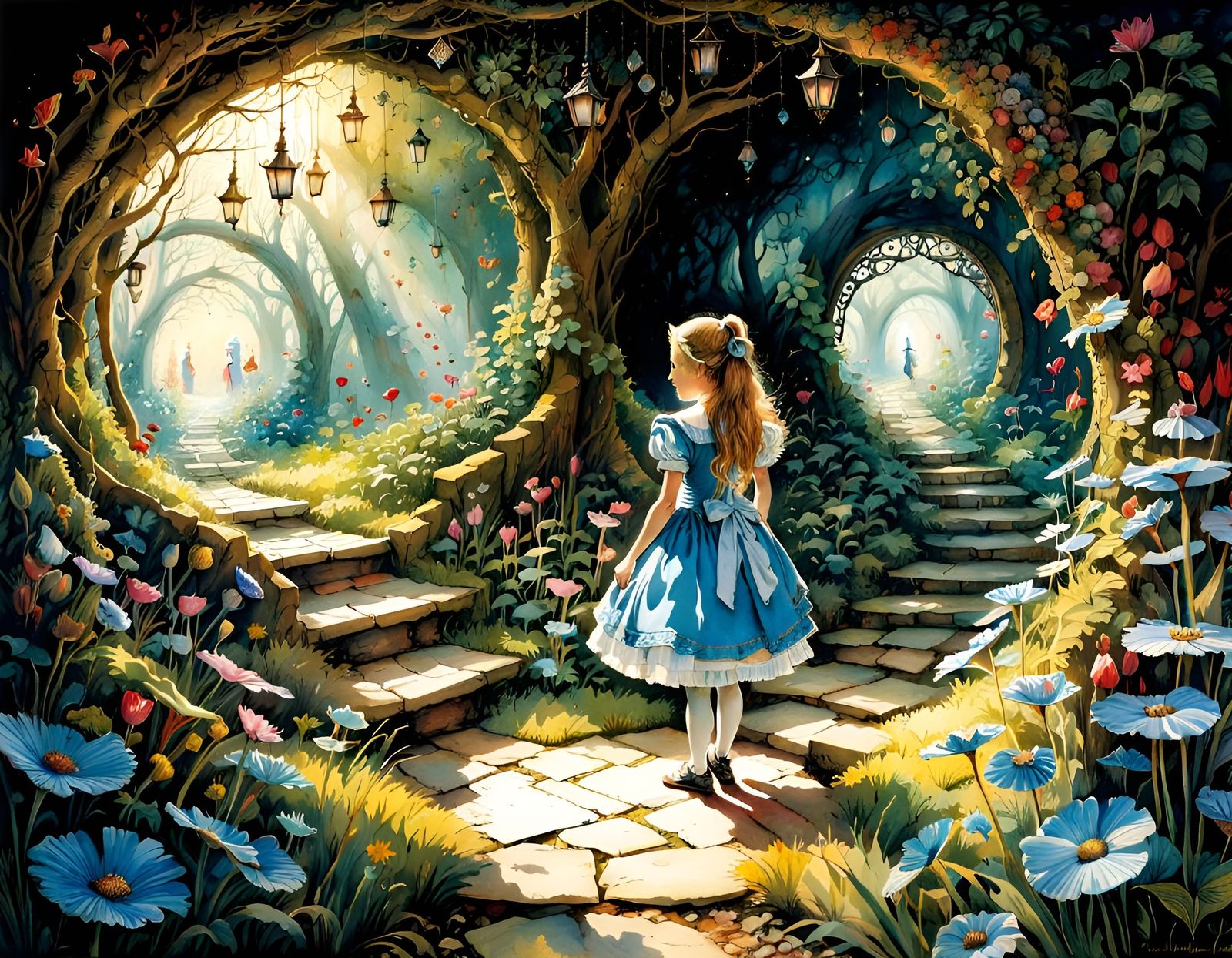 Alice in Wonderland Enters the Rabbit Hole: Watercolor