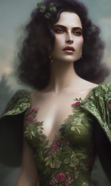 Woman in Green Lace Gown with Roses