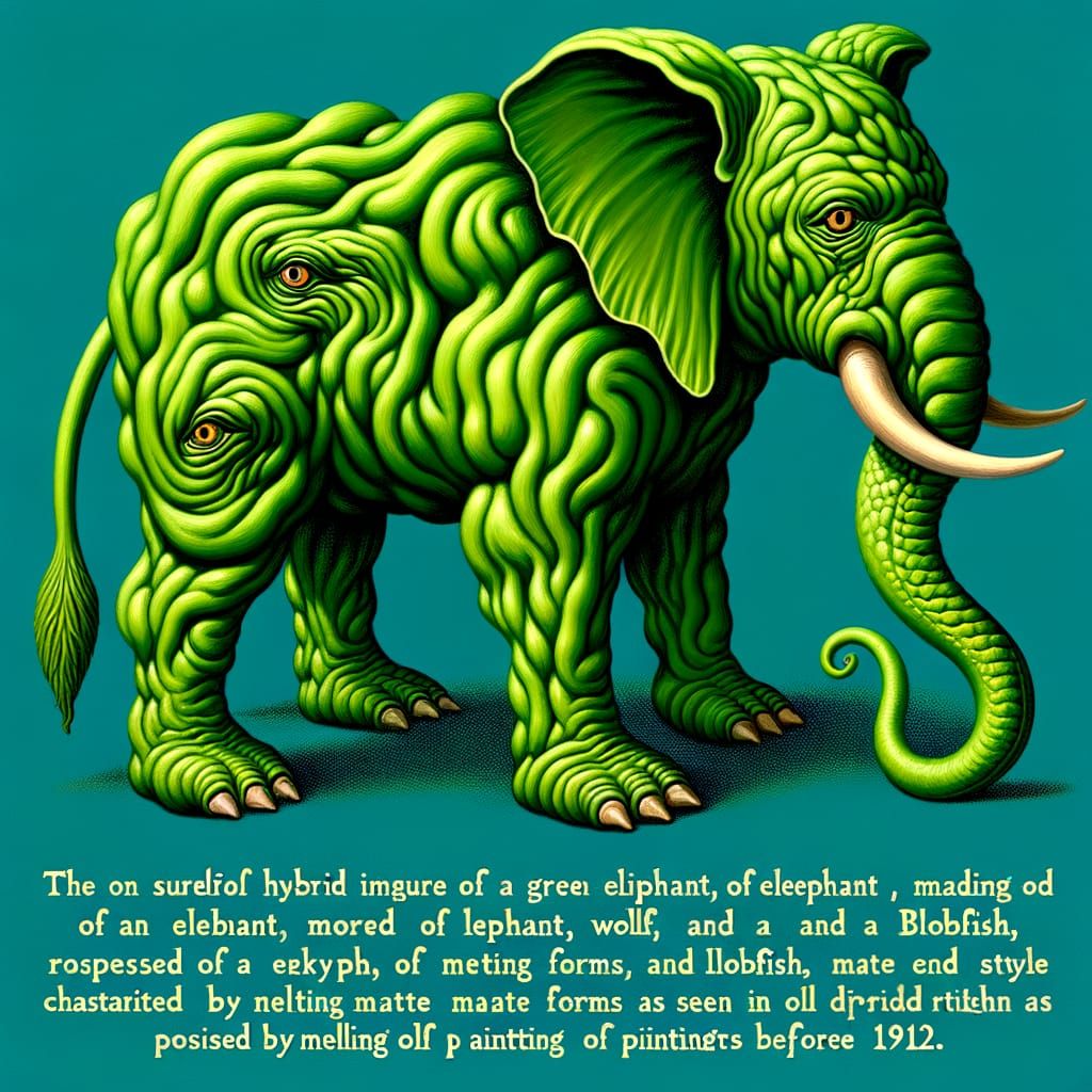 Surreal Green Hybrid Creature: Elephant, Wolf, Blobfish