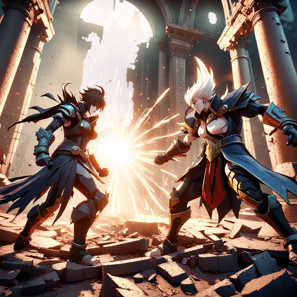 Anime Villains Clash in Ruins: 3D Game Cinematic