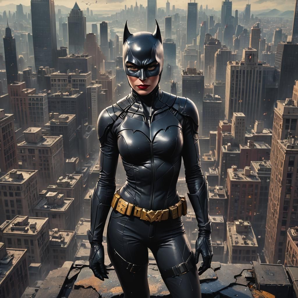 Catwoman Portrait in a Big City, Detailed Matte Painting