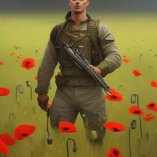 Soldier in Poppy Field: Art Nouveau Portrait