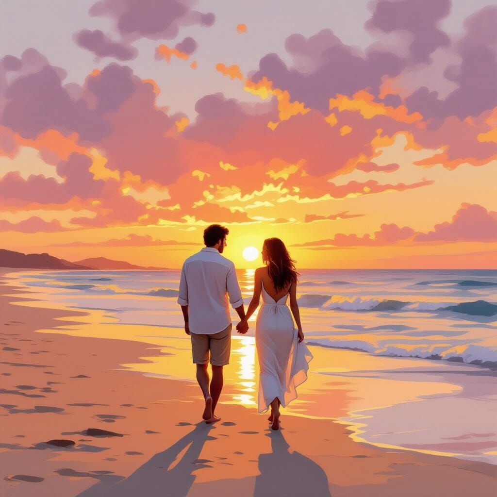 Romantic Beach Sunset in Impressionistic Style
