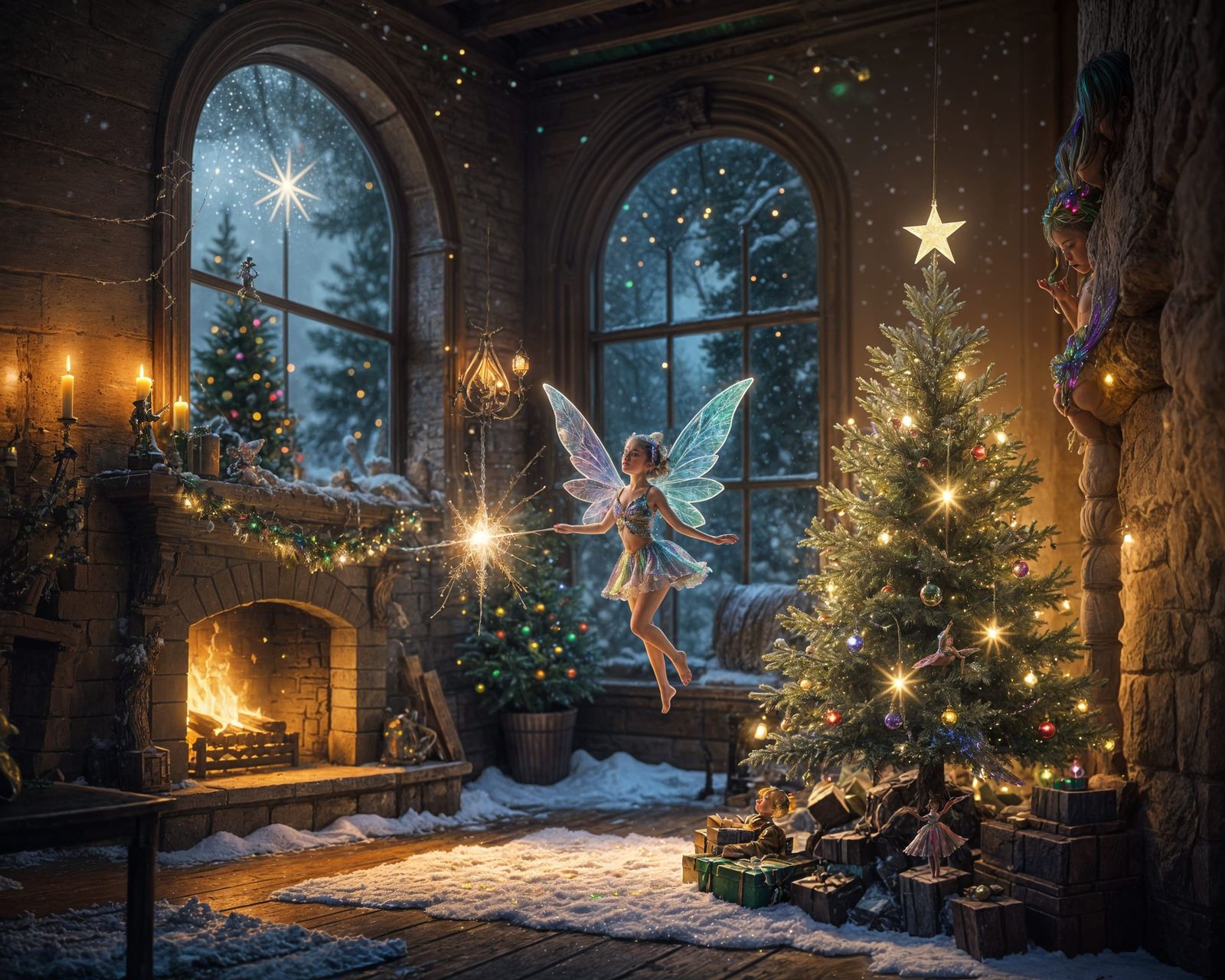 Tiny Fairy Decorates Christmas Tree in Snowy Scene