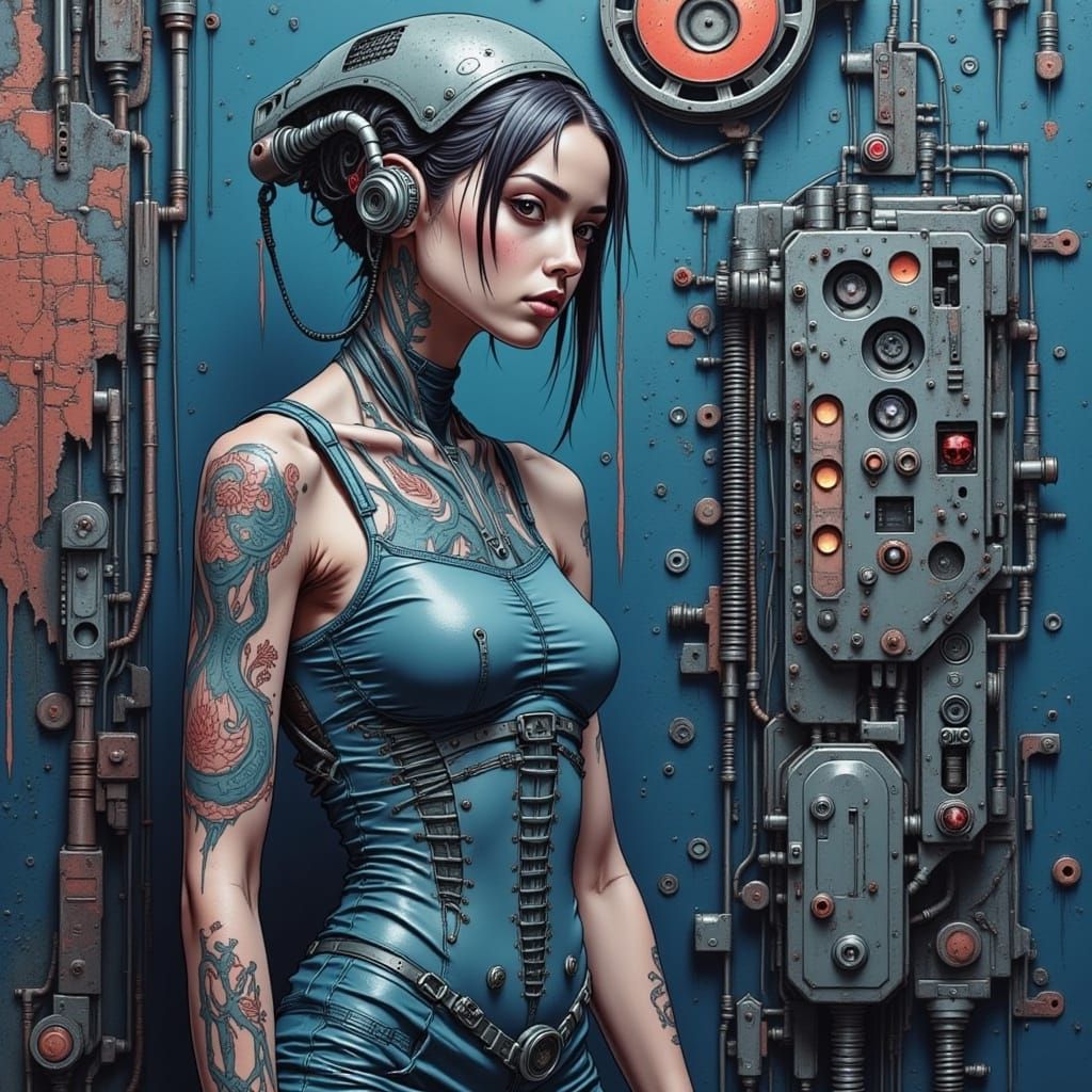 Cyborg Woman with Babylonian Tattoos in Giger Style