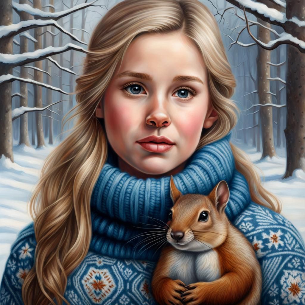 Scandinavian Girl with Squirrel Portrait in Winter