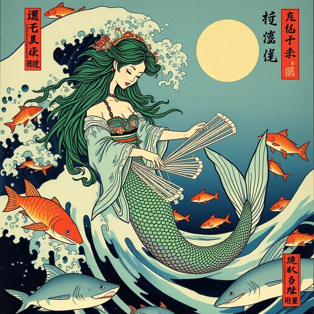 Mermaid's Underwater Dance: A Hokusai-Inspired Ukiyo-e Visio...