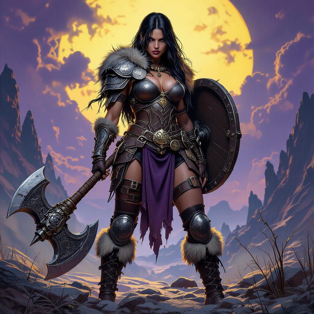 Armored Barbarian Woman with Axe in Dark Fantasy Style