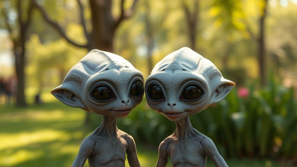 Two Cute Grey Aliens in Park, Ghibli Style