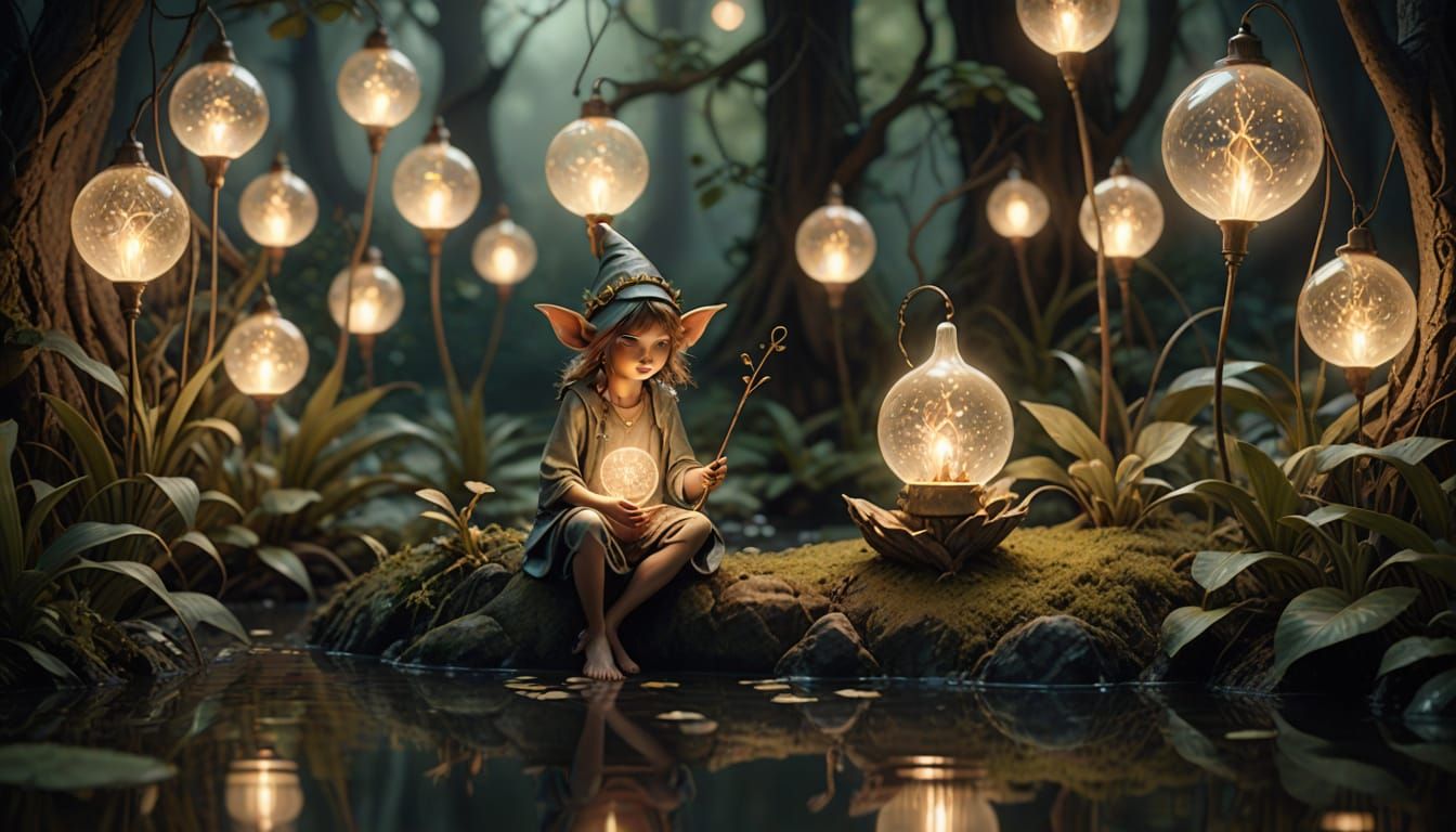 Whimsical Stick Pixie Fishes by Serene Pond in Glowing Light