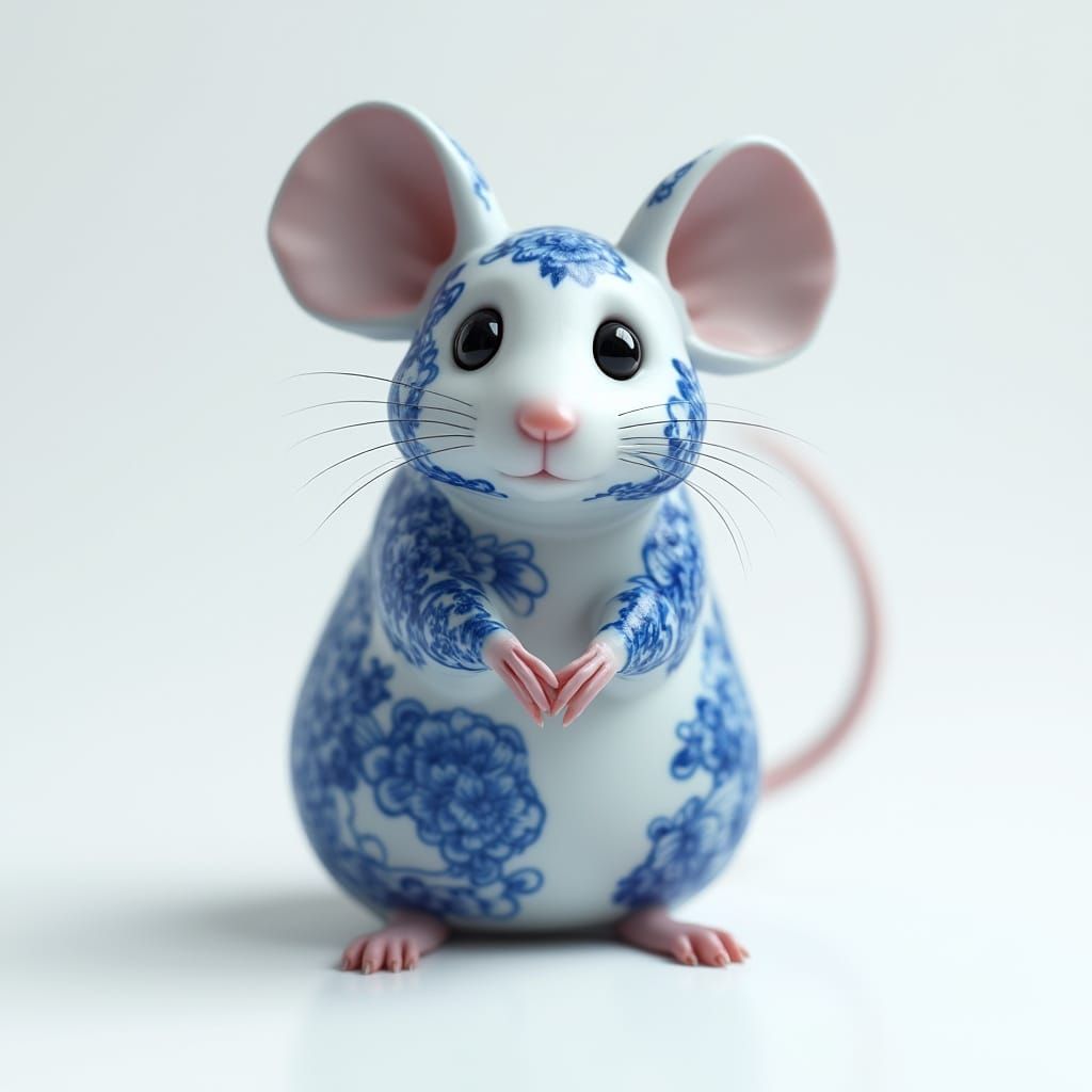 Surreal Blue and White Mouse in Hyperrealistic Porcelain Sty...